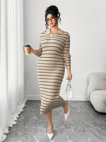 Elenzga 女士秋冬新款单件 Polo 领修身中长款经典条纹时尚设计优雅高端针织长袖毛衣连衣裙 - 彩色 - 查看 3