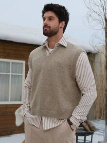 DAZY Men's Solid Color V-Neck Knit Vest, Autumn/Winter - Khaki - View 3