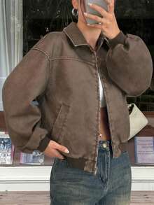 SHEIN EZwear Vintage Washed Snowflake Textured PU Leather Jacket, Autumn - Bronze - View 5