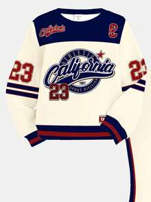 SHEIN 23款复古印花运动套装，女婴休闲简约柔软针织套头衫，适合秋冬季舒适穿着，秋冬外出穿搭，轻松舒适，秋冬叠穿，时尚女婴休闲装，女婴印花上衣，新款，秋季新款，冬季时尚