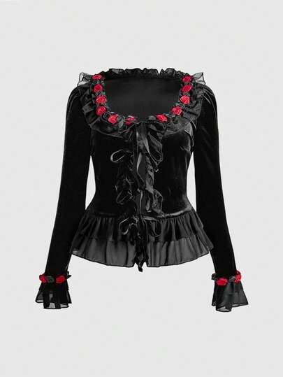 Plus Size Women Gothic Vintage Luxurious Red Rose Ruffle Flare Sleeve Velvet Blouse, Autumn/Winter Gothic Elegant Retro Luxurious Plus Size Women Tie-Up Velvet Shirt Blouse Jacket