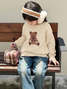 SHEIN Young Girl Casual Bear Pattern Crew Neck Sweater - Apricot - View 6