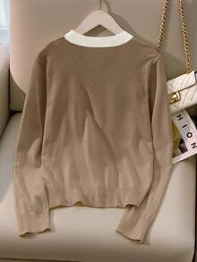 Franclia Áo khoác cardigan cổ chữ V phối màu thời trang ôm vừa vặn mới, đa năng và trẻ trung, mùa xuân/thu - Lạc đà - Xem 2