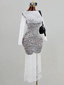 Mistrie 女士蕾丝透视修身性感长袖连衣裙 - 白色 - 查看 5