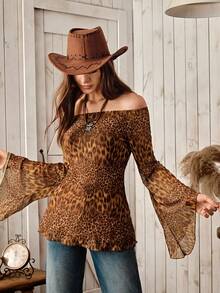 Wildy Casual Leopard Print Flare Sleeve T-Shirt, Basic Everyday Wear For Women, Autumn/Winter - Khaki - View 3