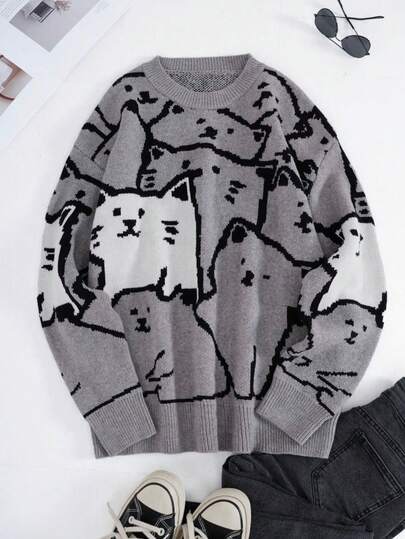 Manfinity Hypemode Men's Loose Casual Crewneck Sweater With Heart-Shaped Cat Print, Fashionable Dark Academia Style Knitwear, For Fall Winter Mens Sweater Cat Print Sweater Oversized Sweater Cute Sweater Graphic Sweater Grunge Sweater