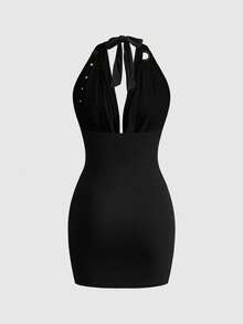 ROMWE Grunge Punk 复古朋克金属孔眼设计深V领开衩下摆紧身露背迷你连衣裙 - 黑色 - 查看 2