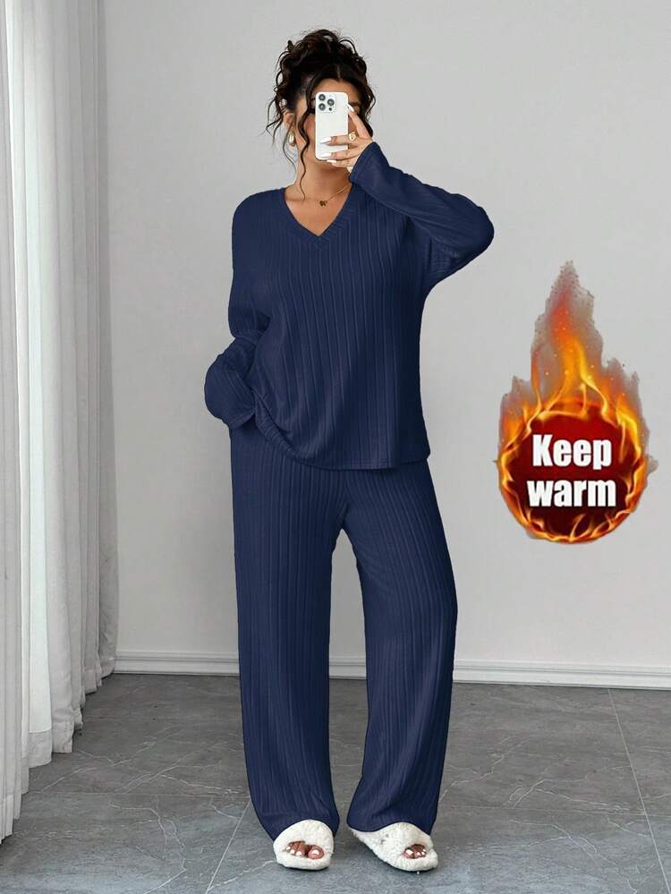 EMERY ROSE Women's Plus Size 2-Piece Set, Loose V-Neck Long Sleeve Top And Straight Leg Pants, Warm Textured Fabric, Comfortable Casual Wear, Suitable For Indoors And Outdoors, Unisex Plus Size 2-Piece Set - Navy Blue - View 1