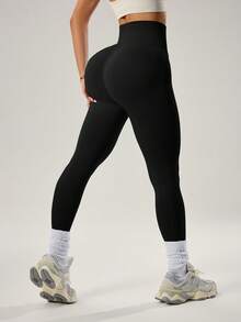 With My Calm 女士休闲运动收腹提臀无缝紧身裤 - 黑色 - 查看 4