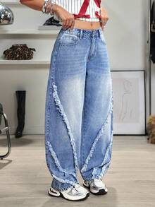 Jeanoix Y2K 时尚休闲毛边喇叭宽松牛仔裤 - 中等水洗藍 - 查看 5