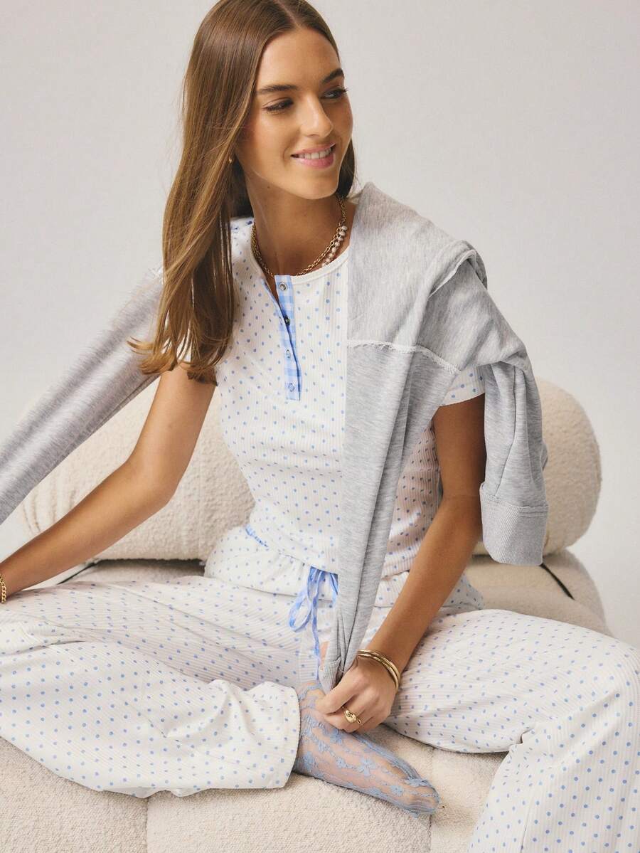 Aralina Women's Polka Dot Print Button Half-Placket Short Sleeve Top And Pants Pajama Set - Multicolor - View 1