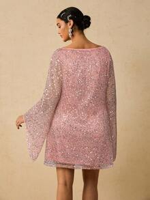 Freevana Đầm xòe cổ thuyền tay loe màu trơn cỡ lớn cho nữ đính sequin - Hồng - Xem 2