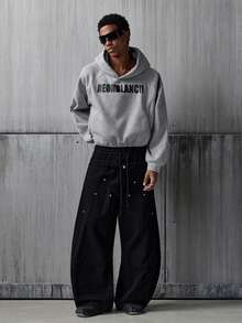 NEON BLANC Áo hoodie tay raglan in chữ màu xám cỡ tiêu chuẩn thường ngày có dây rút cho nam - Xám - Xem 6