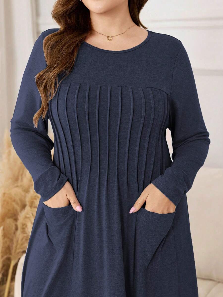 Lacomfia Knitted Stretchy Hazy Blue Long Sleeve Pleated Pocket Minimalist Casual Loose Soft Plus Size Dress For Women - Navy Blue - View 1