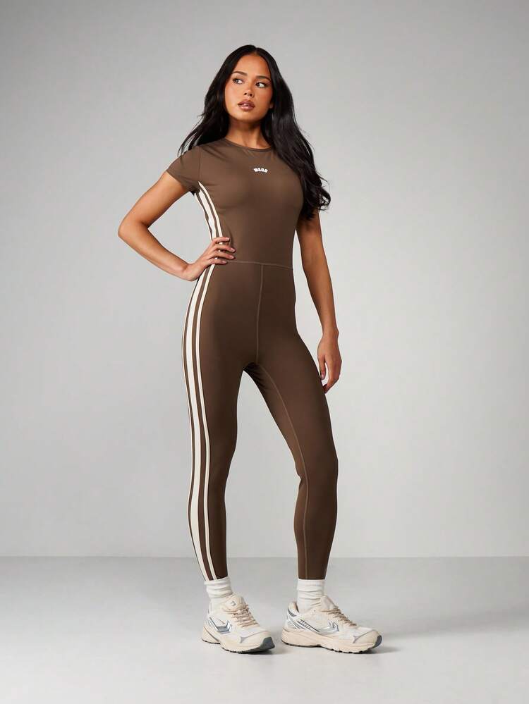 MISSGUIDED Active Unitard Jumpsuit With Side Stripe Detail And Crew Neckline Short Sleeve Full Length Athletic Bodysuit