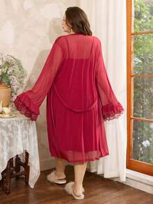 Côtesoire French Romantic Elegant Lace Contrast Mesh Robe, Knitted Lace Camisole Long Plus Size Sleepwear Set - Burgundy - View 2