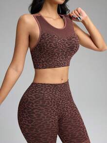 Innovista Women's Leopard Print Criss-Cross Back Sports Bra And Hollow-Out Leggings Fitness Set  Seamless High Support Sports Set, Removable Pads, Adjustable Straps, Leopard Print In Purple-Red & Khaki, Mesh Detailing On Crop Top & Leggings, Back Cross Design, Tummy Control, Quick Dry Activewear For Yoga, HIIT, Gym, Running, Outdoor Exercise, UV Protection, Daily Athleisure, Comfortable & Versatile Performance Gear, Premium Quality Fitness Set Brown Yoga Set Animal Print Workout Leggings - Brown - View 4