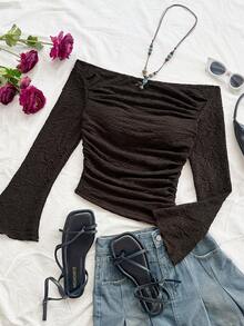 Soleia Plus Size Women's Light Brown Textured Knit Fabric Ruched Off Shoulder Flare Sleeve Fitted Vacation Blouse - Brown - View 7