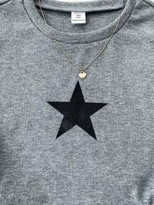 SHEIN 少女纯色星形图案褶皱圆领短袖T恤 - 深灰色 - 查看 3