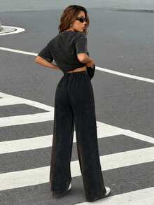 Muchica Autumn Winter Casual Crew Neck Short Sleeve Straight Leg Pants Distressed Wash Loose Outfit - Black - View 2