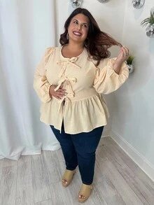 Enliva 大码女装春秋时尚休闲宽松舒适日常黄色条纹长袖蝴蝶结衬衫，女式衬衫，母女装，女士度假装，曲线可爱上衣，波西米亚风，女士早午餐装，奶油黄 - 黃色 - 查看 5