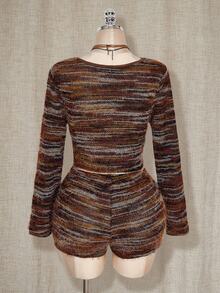 SHEIN ICON 大码女式人造毛皮露背系腰短裤套装 - 棕色 - 查看 2