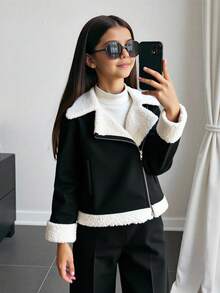 SHEIN Tween Girls' Black & White Contrast Faux Fur Suede Jacket, Casual Chic Everyday Fashion Autumn Winter Clothes Girlomen - Black - View 4