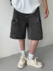 SHEIN Tween Boy Casual Washed Wide Leg Cargo Denim Shorts