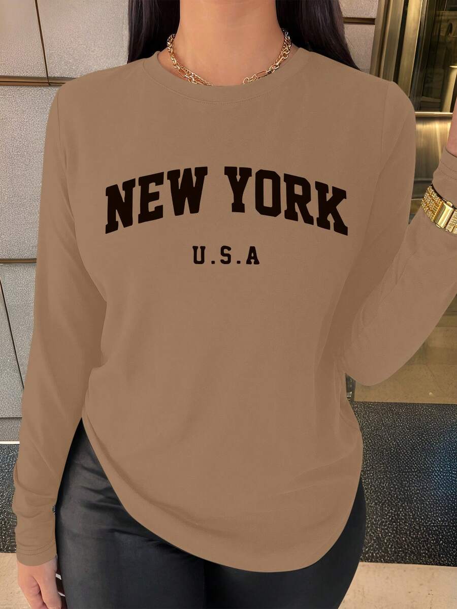 VaVaBold Letter Print Women's Long-Sleeved T-Shirt Women Tops For Spring Fall Cloth For Women - Apricot - View 1