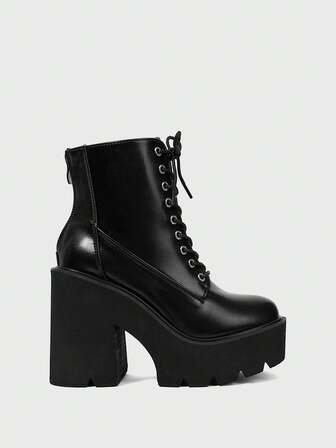 Lässig einfarbige Damen Ankle Boots mit Plateauabsatz und Schnürung