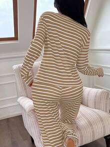 Snug Zone Front Snap Button Casual Striped Print Long Sleeve Top & Pants Women Pajama Set Fall Winter Clothes - Khaki - View 2