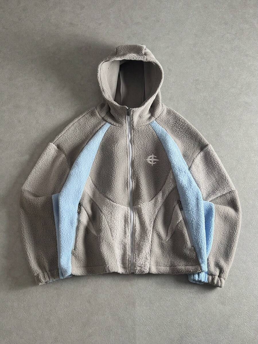 Manfinity ZONE917 Chaqueta con capucha con cremallera y parches de colores contrastantes para hombre, estilo años 2000, otoño/invierno - Gris - Ver 1