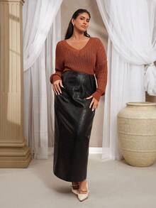 VOLUPTÉ CURVE Plus Size Autumn Rust Brown Shimmer Knit Lantern Sleeve Side Slit Drop-Shoulder Mid-Length Casual Pullover Sweater For Going Out, Birthdays, Parties - Brown - View 1