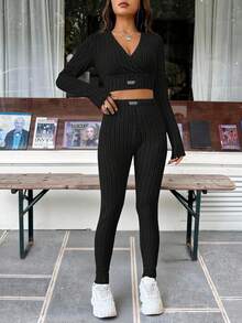 SHEIN EZwear 字母拼接细节短款T恤和紧身裤 - 黑色 - 查看 3