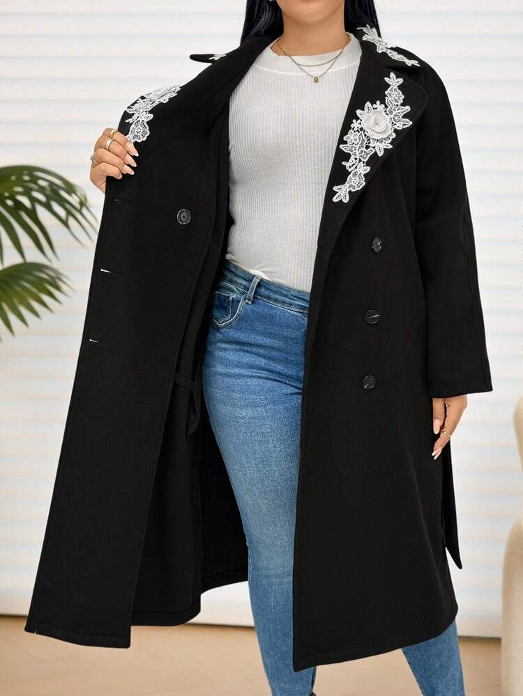 Plus Size Women Casual Long Sleeve Wool Overcoat, Black , Thanksgiving For Women, Autumn/Winter,2025 New