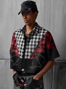 NEON BLANC Men's Summer Fashion Colorblock Plaid Rhinestone Spider Web Print Shirt - Grey - View 2