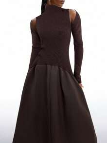 LYSMO Váy len dệt kim dài tay khoét lỗ cổ cao màu trơn đơn giản dành cho nữ mùa đông mới, Váy thời trang thu đông, Váy midi màu nâu, Váy nâu, Váy bất đối xứng, Váy một tay. - Cà phê nâu - Xem 5