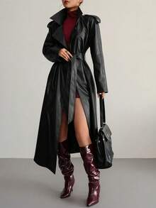 Modelyn 女士皮革长袖收腰酒红色风衣 - 黑色 - 查看 4