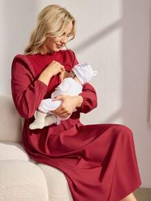 SHEIN Nursing Dress With Long Sleeves, Square Neckline, Nursing Access Design On Top, Ribbed Top And Woven Skirt - Burgundy - View 6