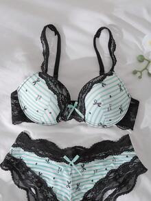 DelicateAllure 2pcs Mint Green Underwire Padded Contrast Stripe Bow Supportive Cute Women Lingerie Set - Green - View 4