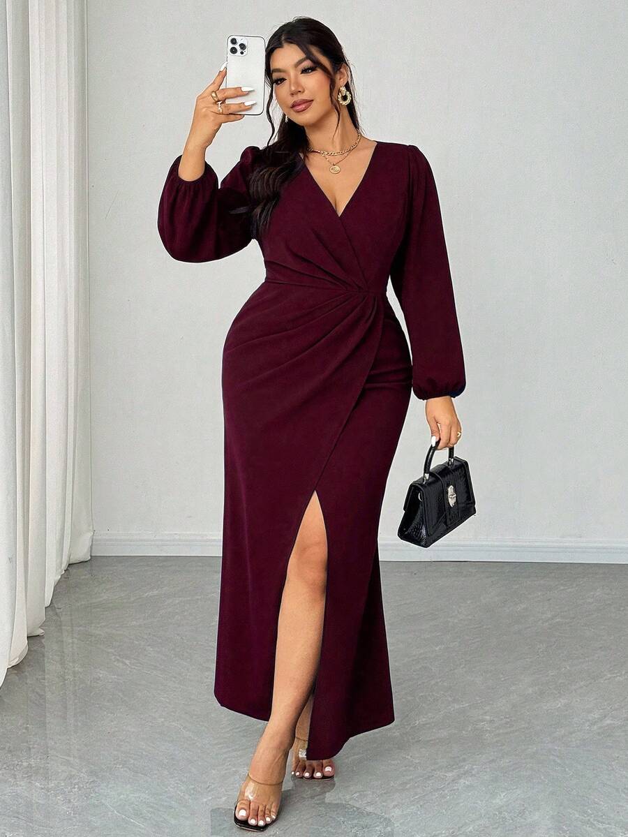 Elenzga 大码女士优雅V领长袖裹身开衩连衣裙，适合派对、新年、婚礼宾客等场合，酒红色，春/秋/冬皆宜。 - 酒紅色 - 查看 1