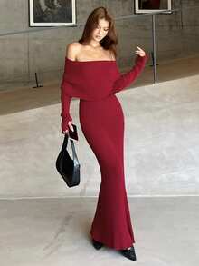 DAZY Women's Off-Shoulder Wrap Maxi Sweater Dress - Red - View 1