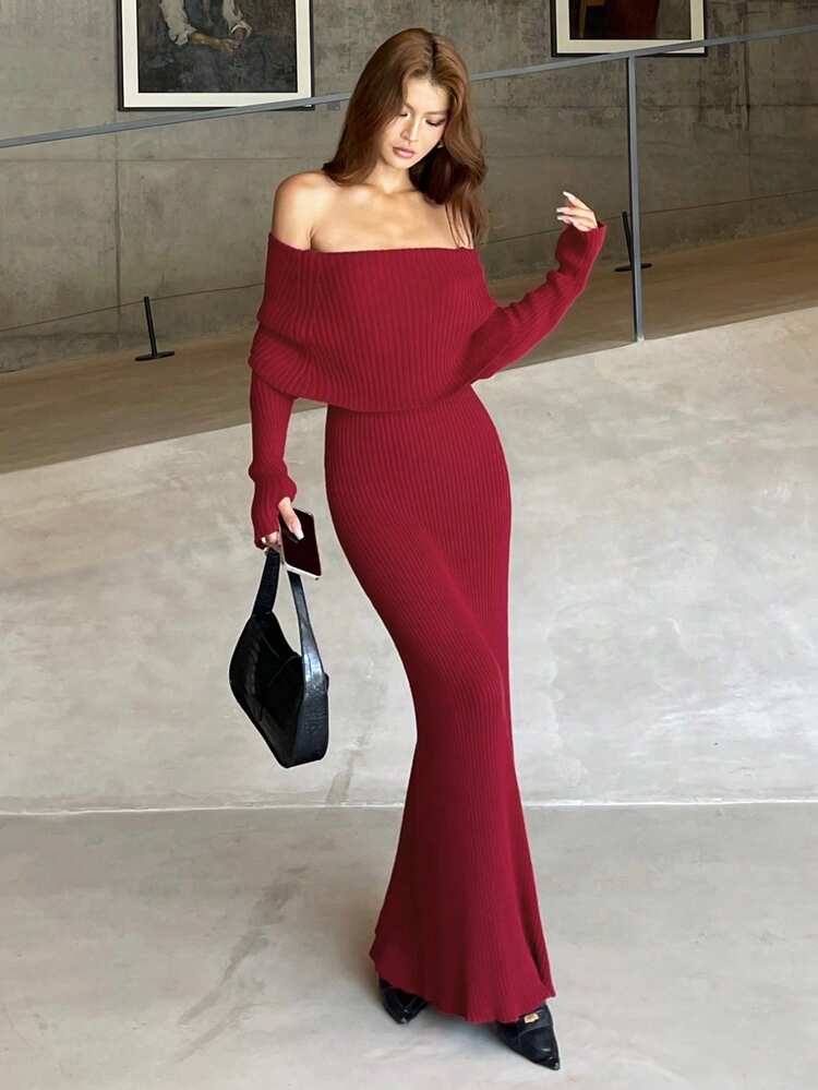 Women's Off-Shoulder Wrap Maxi Sweater Dress