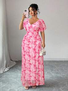 Elenzga Đầm nữ màu hồng in hoa, cổ chữ V, tay bồng, xếp ly, xẻ tà, thích hợp cho ngày Valentine, váy phù dâu thanh lịch cho đám cưới, tiệc tùng, lễ hội, phù hợp cho nhiều dịp khác nhau. - Hồng - Xem 1