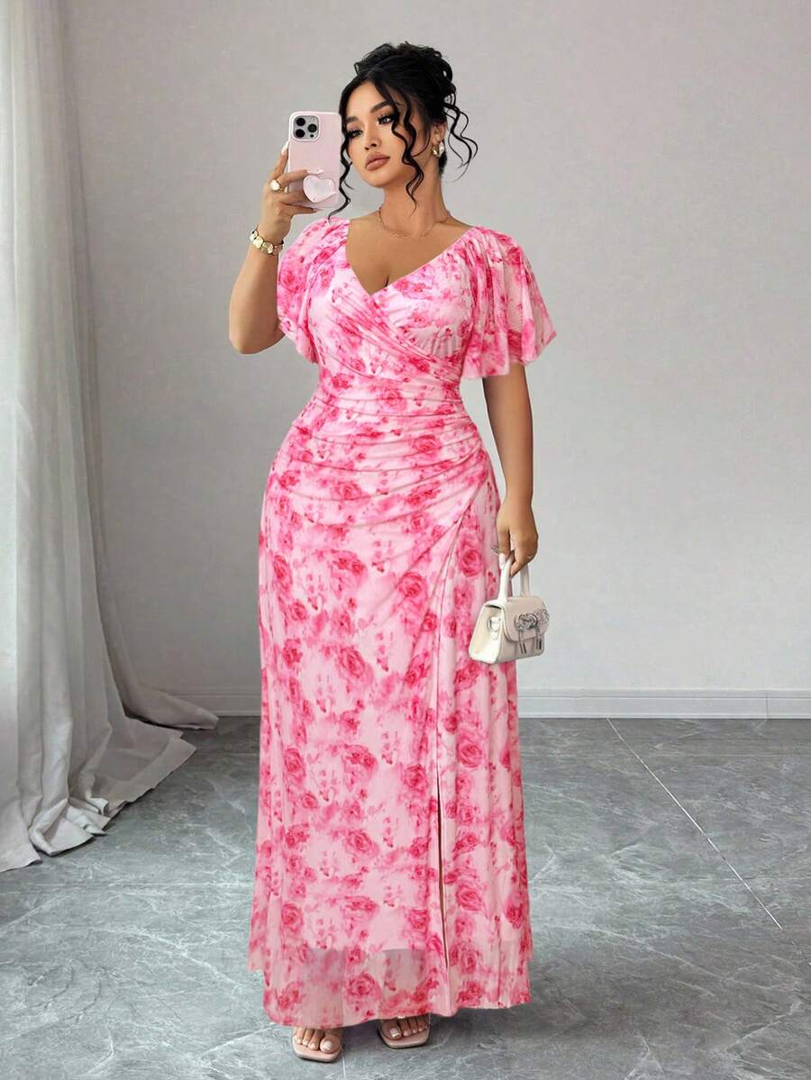 Elenzga Đầm nữ màu hồng in hoa, cổ chữ V, tay bồng, xếp ly, xẻ tà, thích hợp cho ngày Valentine, váy phù dâu thanh lịch cho đám cưới, tiệc tùng, lễ hội, phù hợp cho nhiều dịp khác nhau. - Hồng - Xem 1