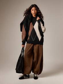 AiiRZ Argyle Diamond Pattern Knit Sweater Long Sleeve Crew Neck Pullover Fall Winter Cozy Chunky Knit Top - Multicolor - View 3