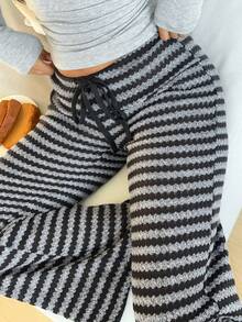 Aloruh Women's New Ultra Low Waist Black And Gray Striped Pants, Autumn/Winter - Black - View 3