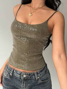 Aloruh Elegant Lace Sequined Camisole Tank Top For Women, Solid Green, Slim Fit, Pullover Style. Suitable For Dates, Nightclub Looks, Everyday Wear, Casual Tank Top, And Sexy Camisole Style. Sexy Tops For Club Ribbed Top Women Sexy Tops Cami Tops,Tank Top - Green - View 5