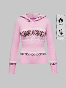 ROMWE Avant 复古 Y2K 费尔岛蝴蝶结修身连帽毛衣（女款） - 粉色 - 查看 1