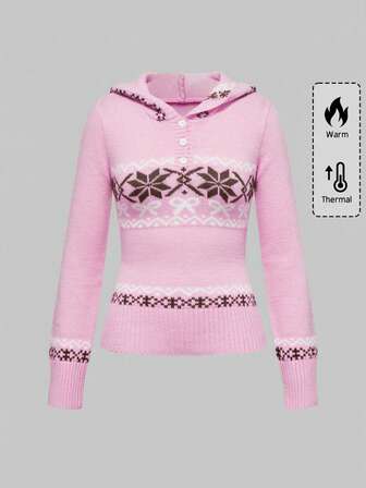 ROMWE Avant Suéter con capucha ajustado con estampado Fair Isle y lazo vintage Y2K para mujer